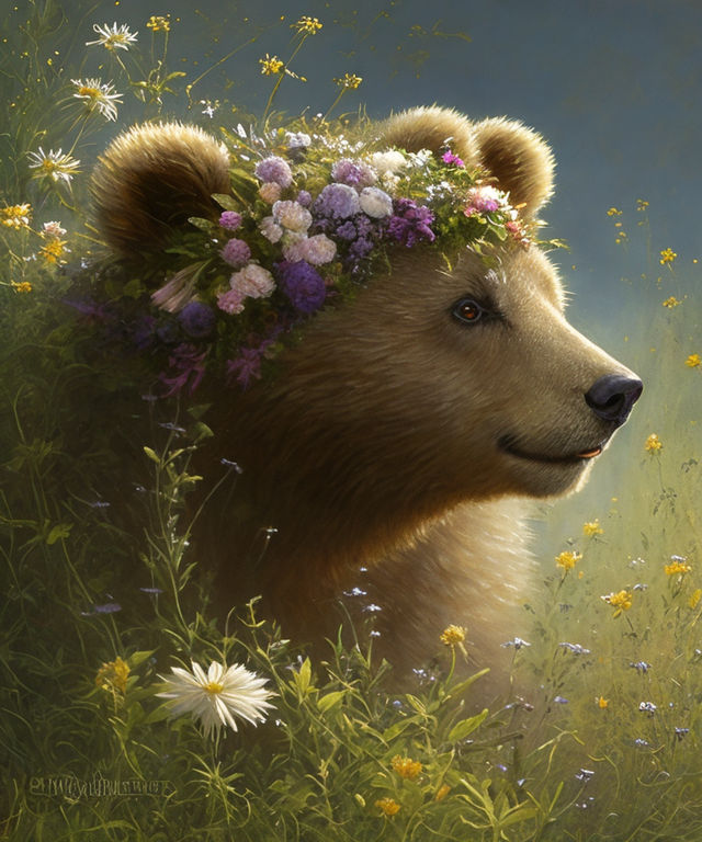 Cute Brown Bear Artwork with Straw Hat Meadow Art