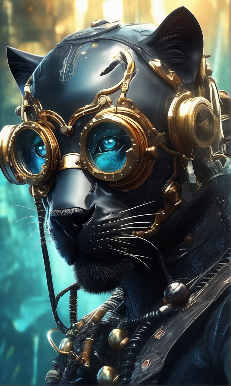 photorealistic steampunk jaguar anthropomorphic, black feathers