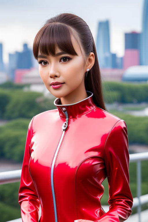 A Japanese woman wearing a shiny rubber outfit with enamel. She looks  strong-minded. Mistress. - Playground