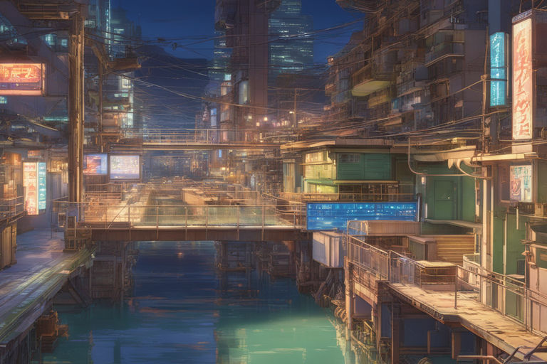 Horizontal view, cyberpunk, animation concept art, studio ghibli style,  clear reflection, full page scan of 3000s detailed concept art, cyberpunk,  mathematics and geometry, architecture, sewage system, urban section, floor  plan, architectural section