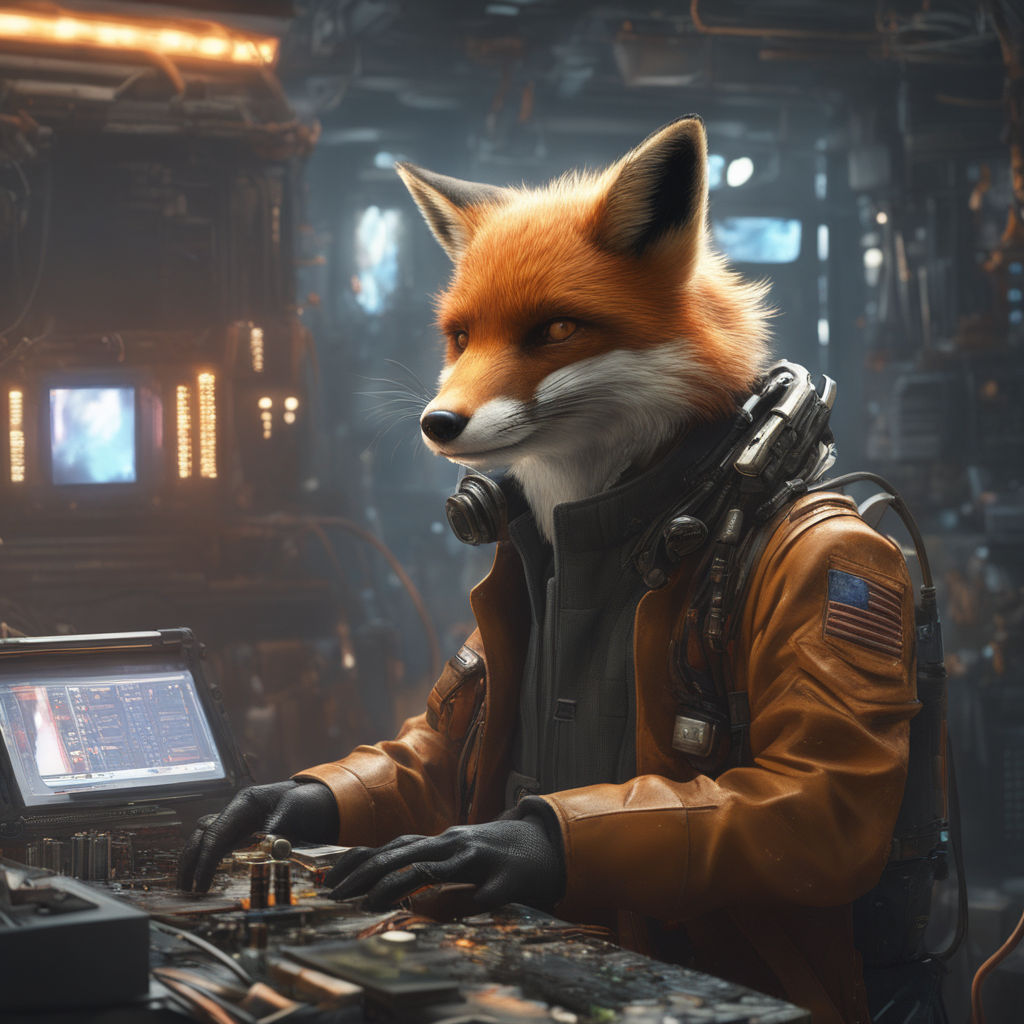 A 4K ultra hd wallpaper of a fox dressed in a computer programmer's outfit,  sitting at a desk with multiple screens and coding with expertise,  portraying a tech-savvy software developer