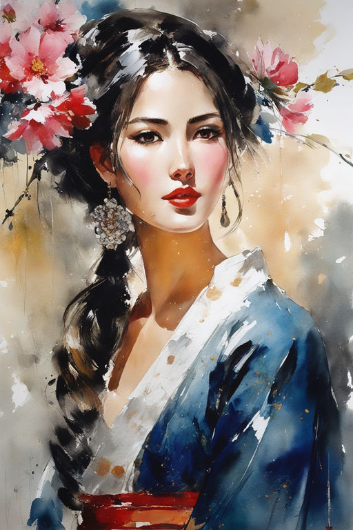 Chinese Ink Painting Style of a Beautiful Girl Character