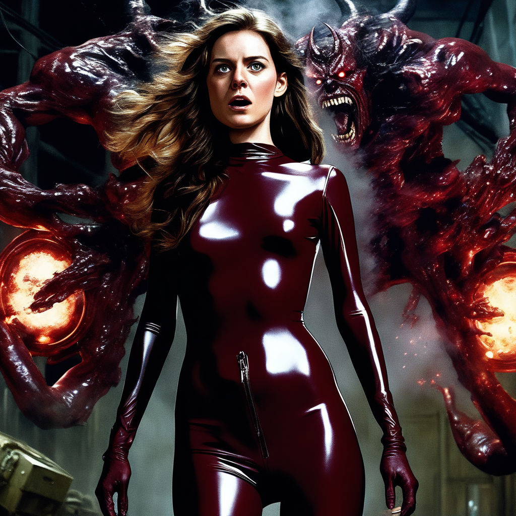 An long brown-haired heroine with a full burgundy latex bodysuit is  terrified by an black monster. - Playground