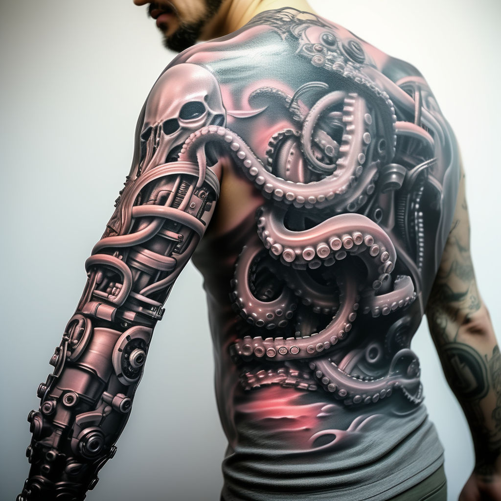 tedhawkinsart:octopus-and-jellyfish-half-sleeve-octopus -underwater-aquatic-realistic-sea-life