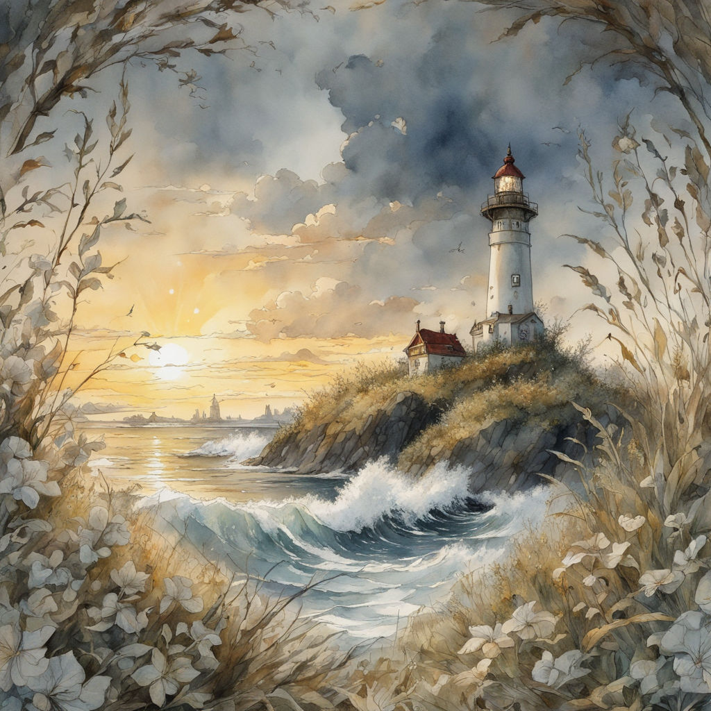 Pen and Ink with Watercolor - Line and Wash Lighthouse Landscape