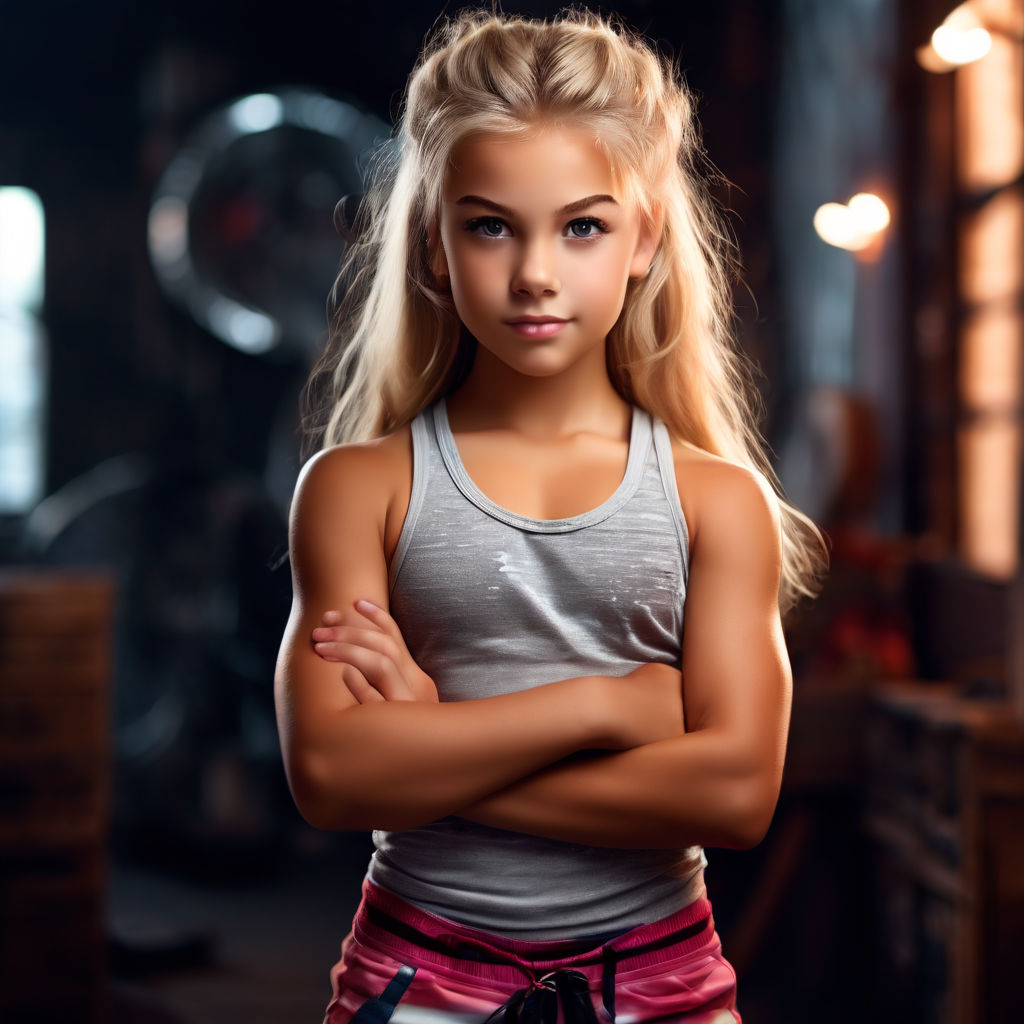 blonde 10-year-girl scowling. White tank top. Bare shoulders. Little.  Symmetry. Beautiful. - Playground