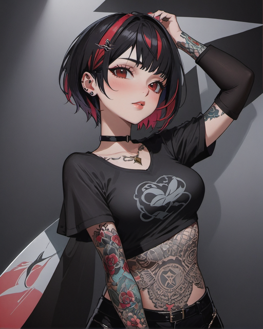 Cartoony goth girl short black hair with red eyes, tattoos