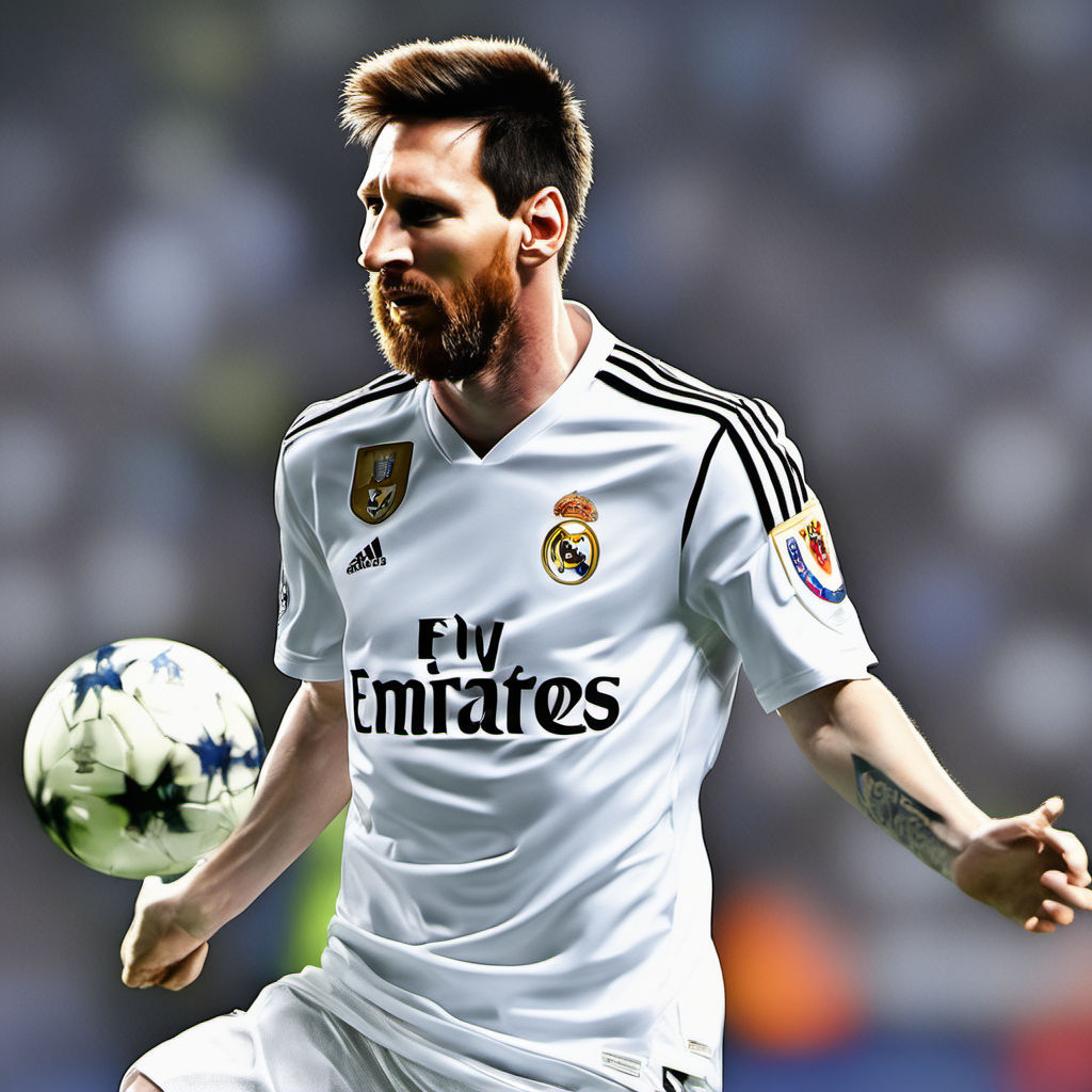 a photo of messi wearing a real madrid shirt - Playground AI