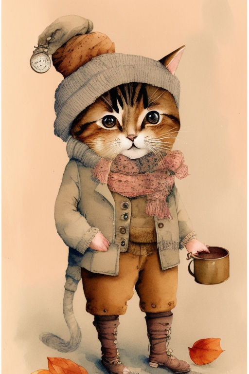 humanoid brutal cat weared in boots and blue winter hat and