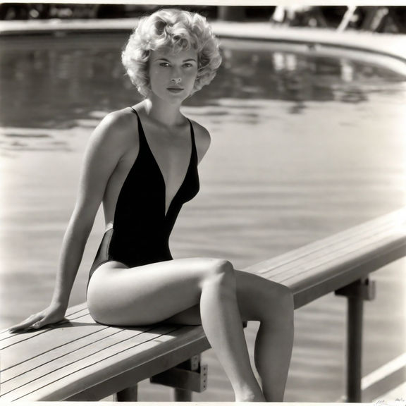 1950s BATHING BEAUTY IN SATIN ONE PIECE SITTING ON DIVING BOARD