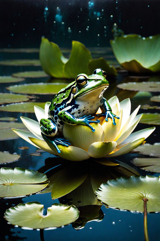 Green glass frog sitting on Lily Pad over blue water background,  hand-sculpted glass