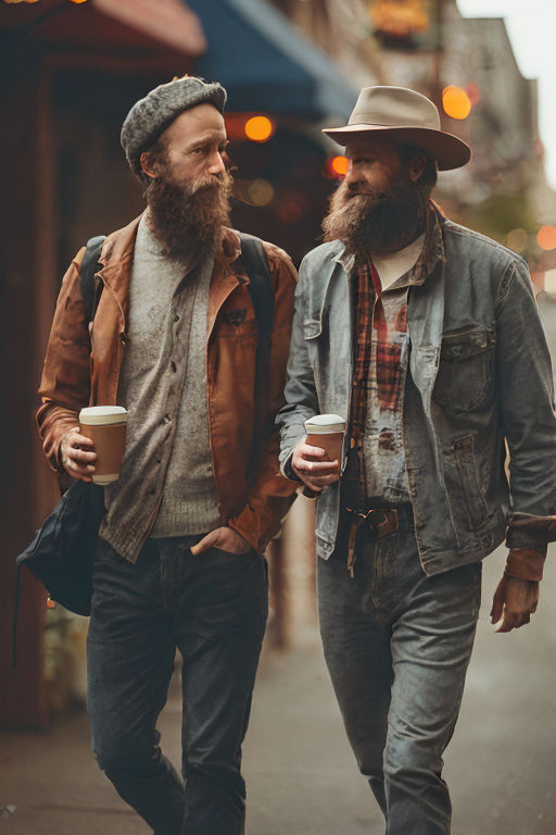 two American hipster guys walking tour on heritage city street - Playground