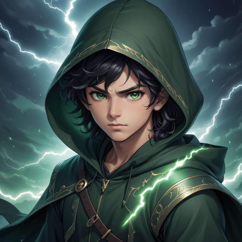 Black anime boy with scars, short kinky hair wearing green cloak