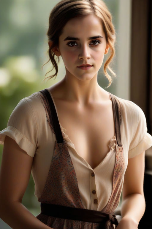 Hyperrealistic detailed photo Emma watson lace cup bra, smile
