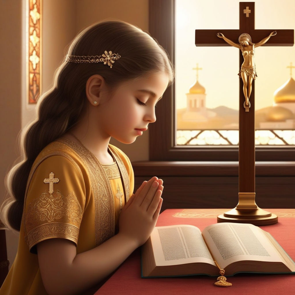 cute small girl praying in the church and Jesus giving blessing