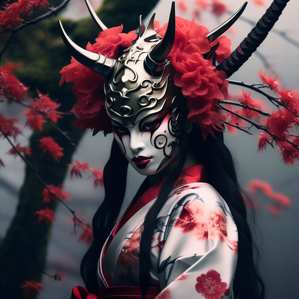 beautiful female samurai wearing oni mask covering part of face