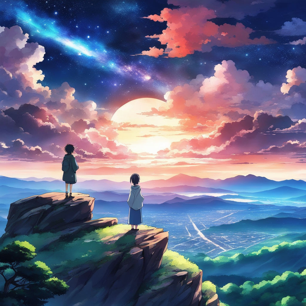 anime scenery of two people standing on a rock looking at the sky