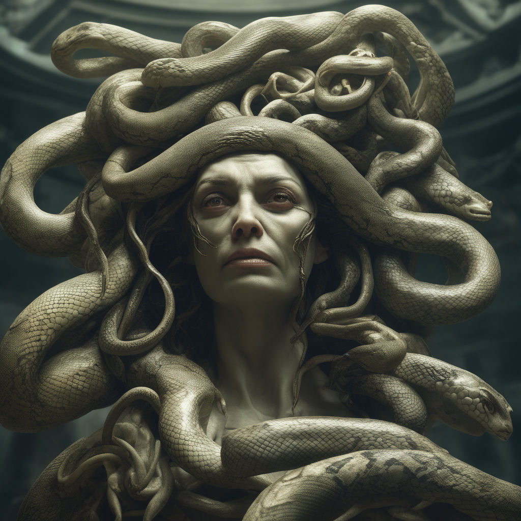 Medusa head with snakes instead of hair, hyper realistic, mystic