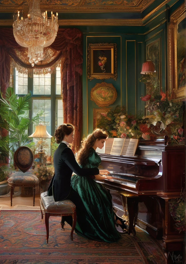 A beautiful young woman plays the piano in a Victorian house with