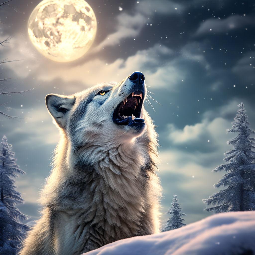 silver wolf with blue eyes howling