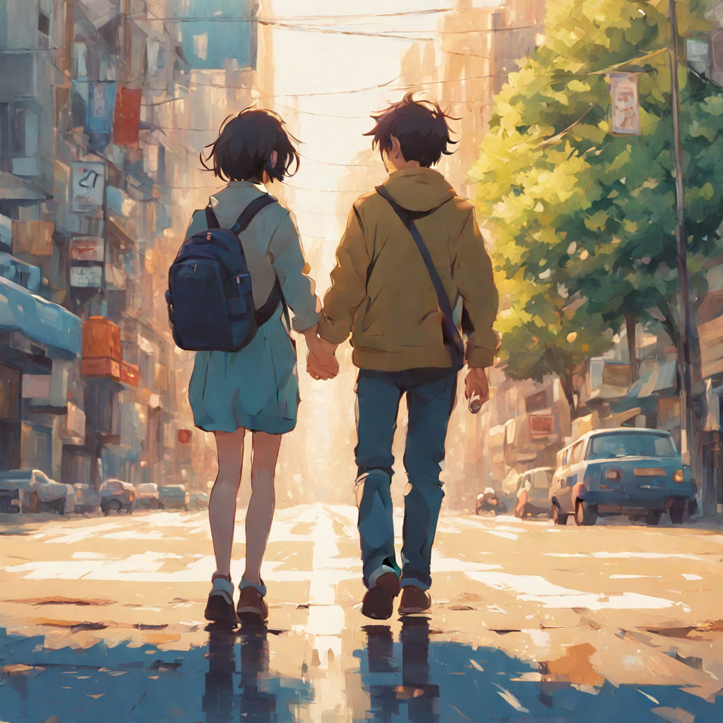 anime holding hands and walking