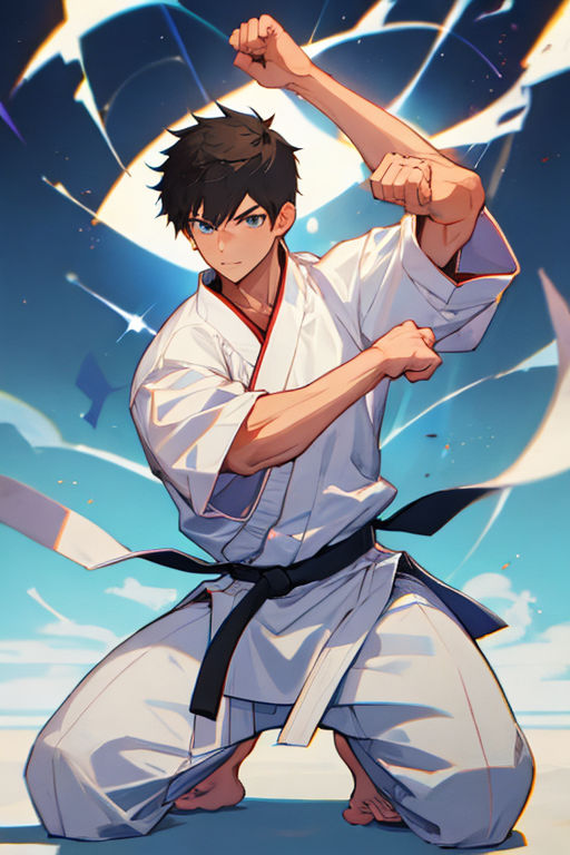 Lexica - Anime character who is a scrappy and energetic young martial artist  with a slender build and a determined expression. He has short, spiky ha...