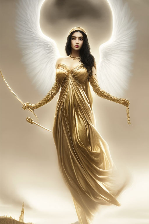 Prompt: Woman, Angel, beautiful, long black hair, gold, , sf, intricate artwork masterpiece, ominous, matte painting movie poster, golden ratio, trending on cgsociety, intricate, epic, trending on artstation, by artgerm, h. r. giger and beksinski, highly detailed, vibrant, production cinematic character render, ultra high quality model