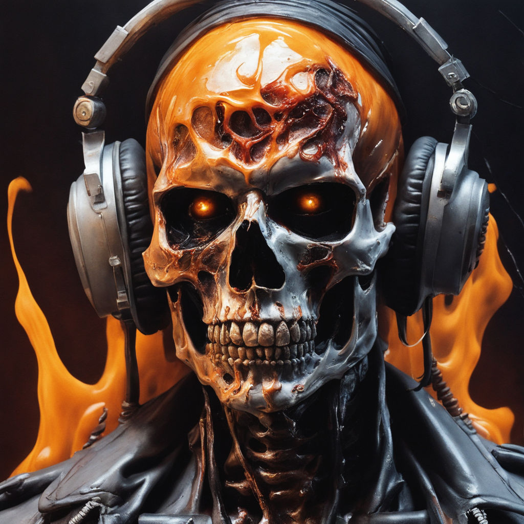 flaming skull with headphones