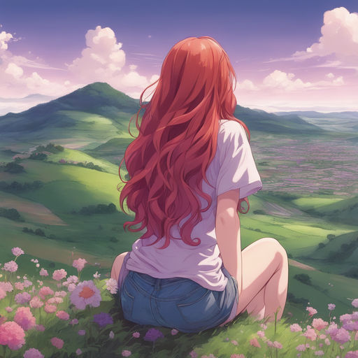 Red Hair Anime Girl sitting on skys - OpenDream