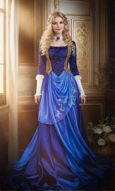 clad in a dark blue dress with a purple corset and shoulder pads