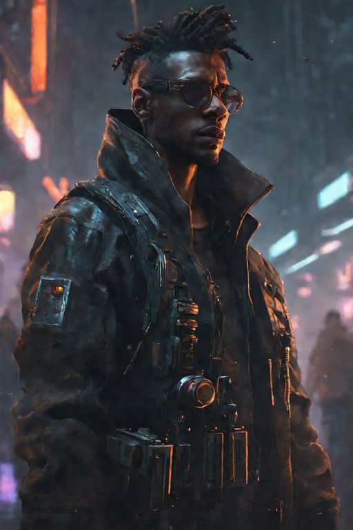 Man with dark medium hair cyberpunk mercenary streetwear muscular soldier  fighter