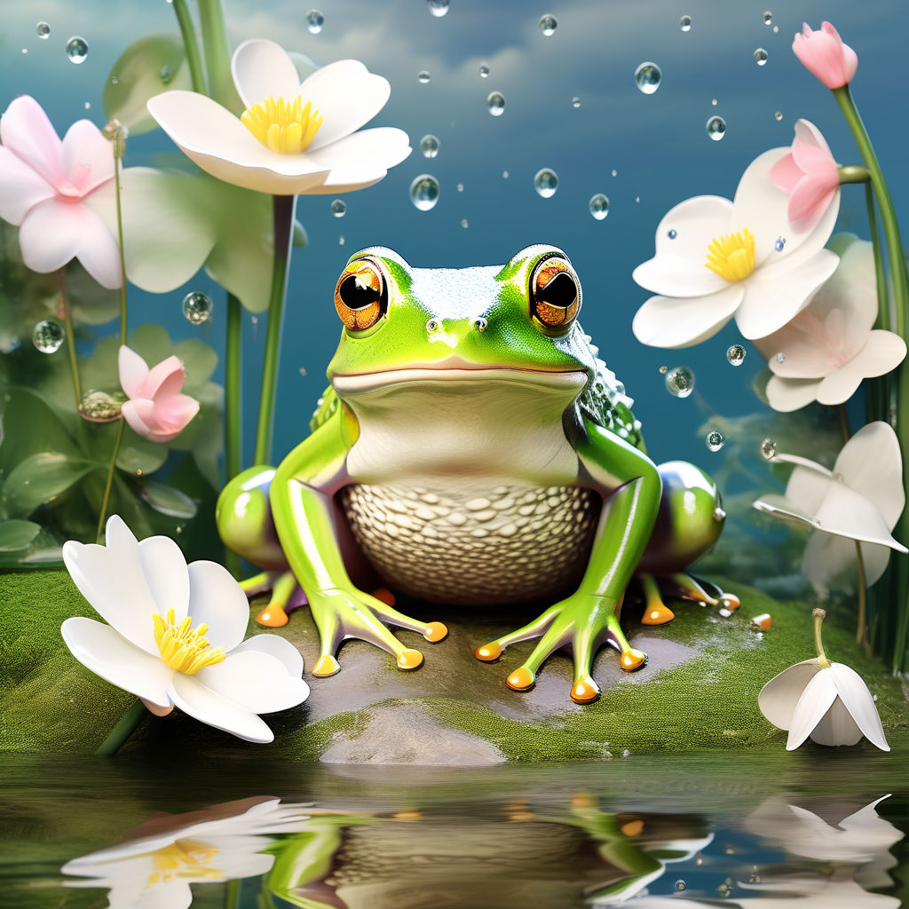 a frog fishing on a lily flower boat in a rgb lake nebula - Playground