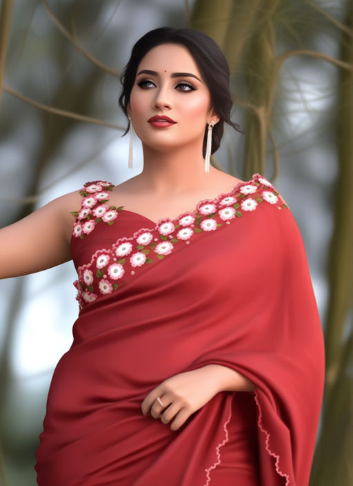 Design ideas for full figured urban modern Bengali woman wearing transparent  red chiffon saree and deep neck halter sleeveless bikini style blouse  looking like a bra with very very deep armholes fashion 