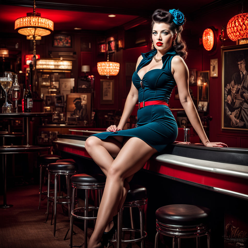 Design a glamorous vintage pin-up portrait where the Malay woman wears a  classic 1950s polka-