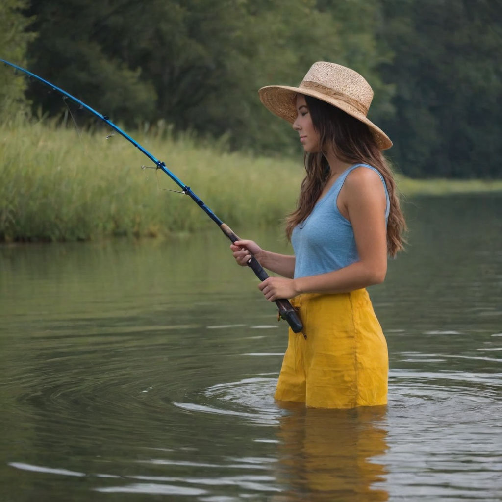 A DSLR photo of a woman fly fishing in a serene mountain stream