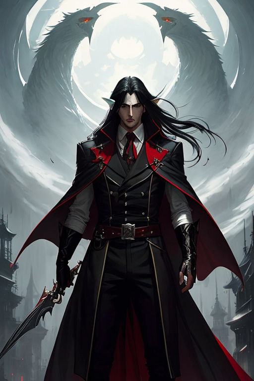 prompthunt: anime male vampire with pulled back black and red hair full  body view, full body, in the art style of castlevania and final fantasy,  japanese anime art style, character illistration by