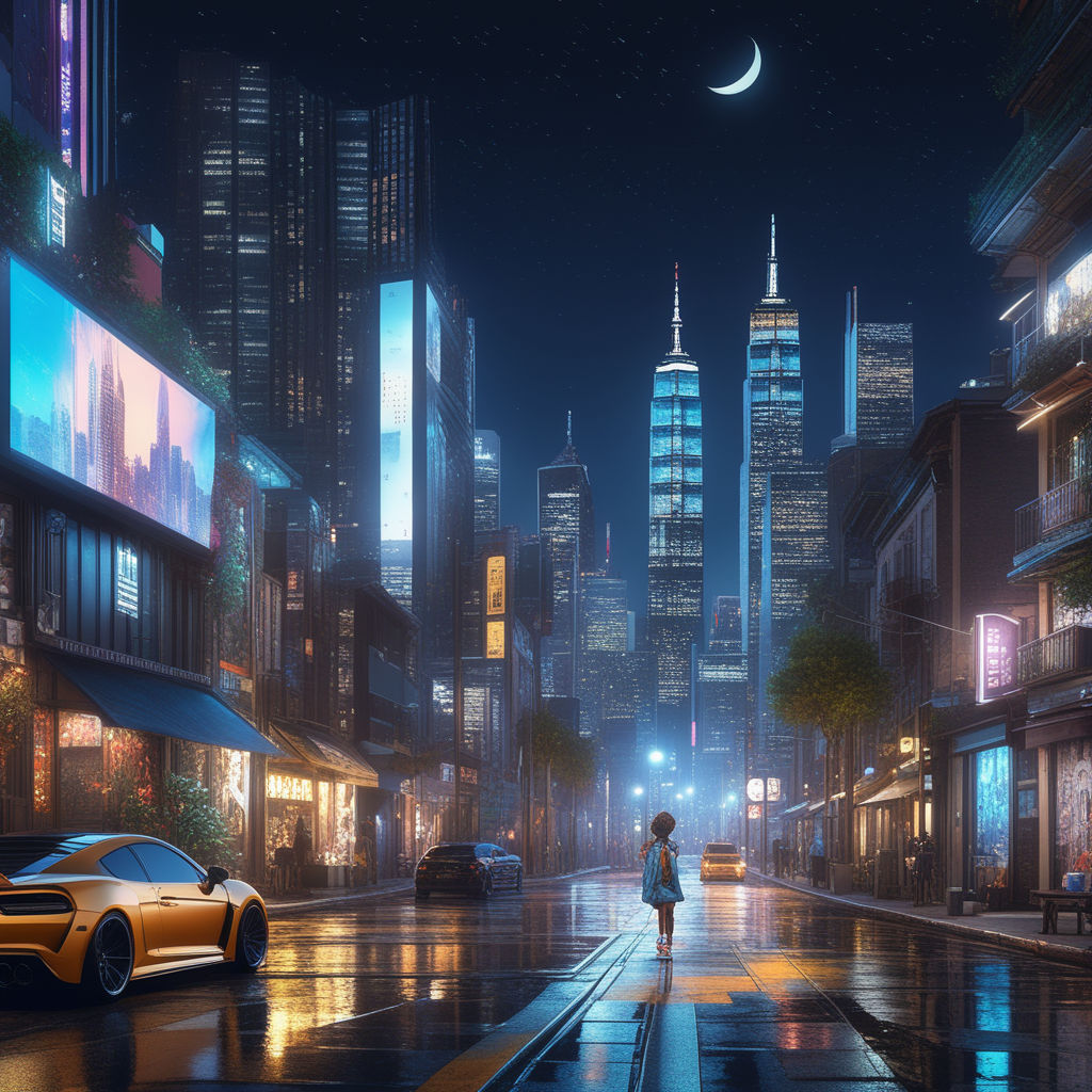 Anime City Lighting By Starry Sky Wallpaper On Desktop 919x Background, 3d  Dark Blue City With Light Reflection Background For Technology Concept 3d  Illustration Rendering, Hd Photography Photo Background Image And Wallpaper