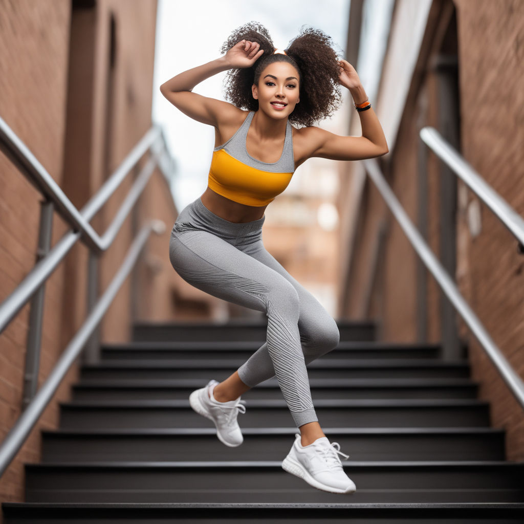 Flexible young curly woman wears black top leggings and sneakers, stretches  legs, does sport during summer day in open air, poses against green trees.  People, flexibility and exercising concept 8371432 Stock Photo