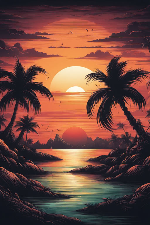 Bay lo fi aesthetic wallpaper. Sunset near ocean. Small island. Beach with  palm tree and sand 2D vector cartoon landscape illustration, purple lofi  background. 90s retro album art, chill vibes 27570062 Vector