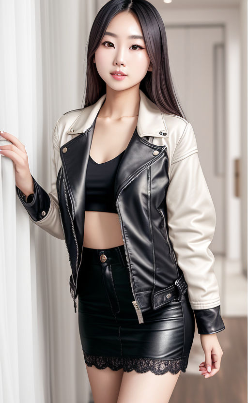 24 year old cute korean woman with leather jacket and leather