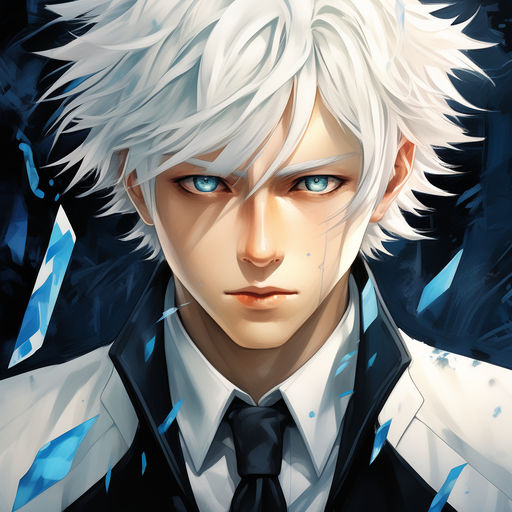 Anime character with white hair and blue eyes