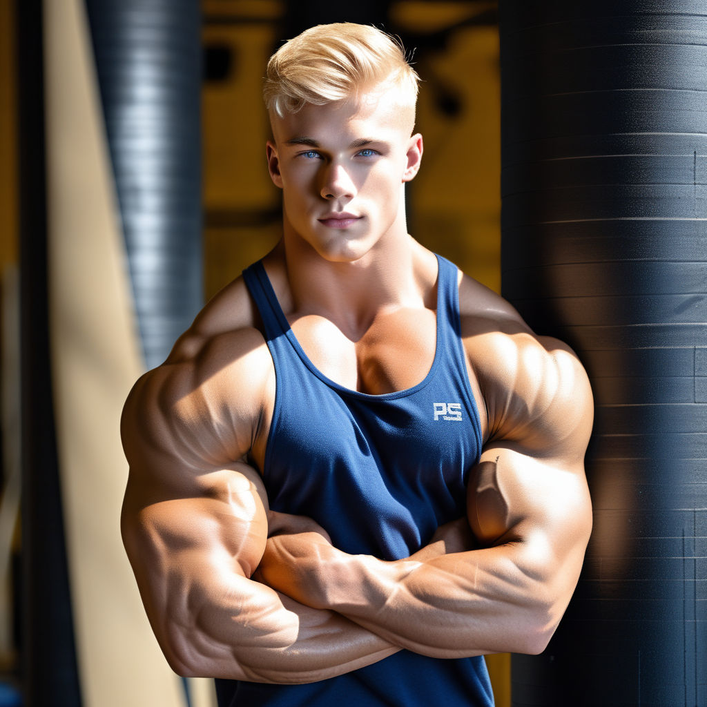 Handsome blond young man exercising pecs on gym equipment Fleece