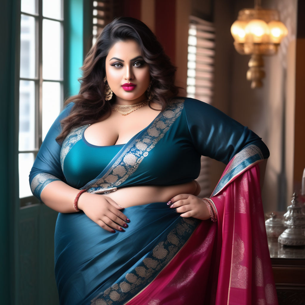 Design help for plus size modern well endowed tall Bengali woman with plump  lips and heavy makeup wearing deep cut bikini halter sleeveless blouse with  bra like fitting and low tied red