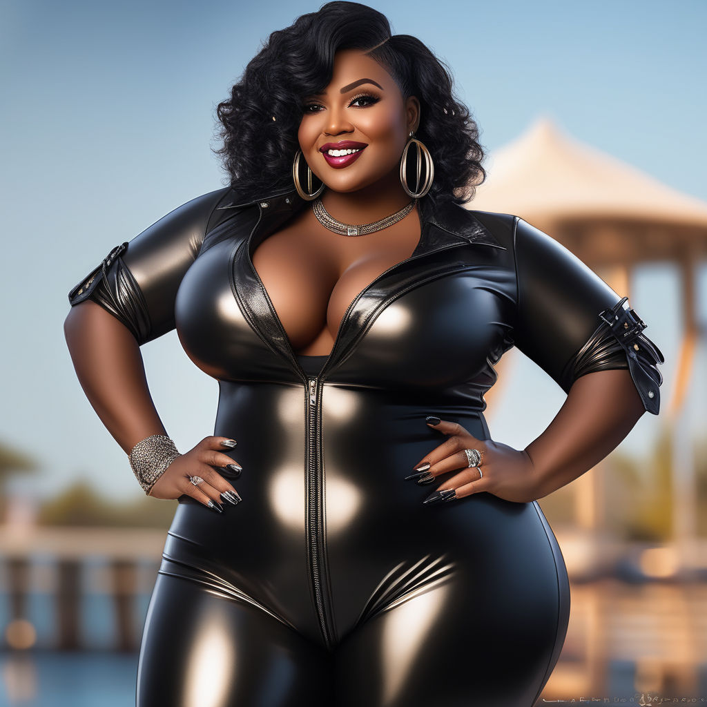 girl shiny.latex.jumpsuit black macromastia voluptuous pretty.face.smiling huge  large breasted plumper full.body humongous boobs XXL - Playground