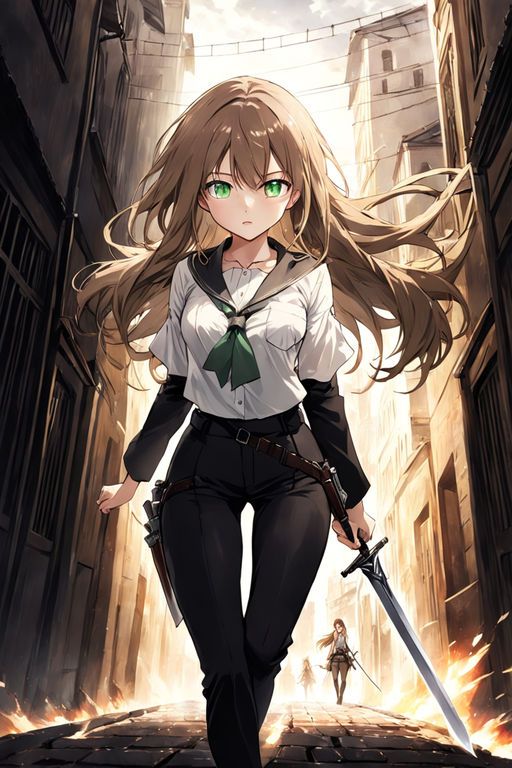 anime girl with sword and brown hair