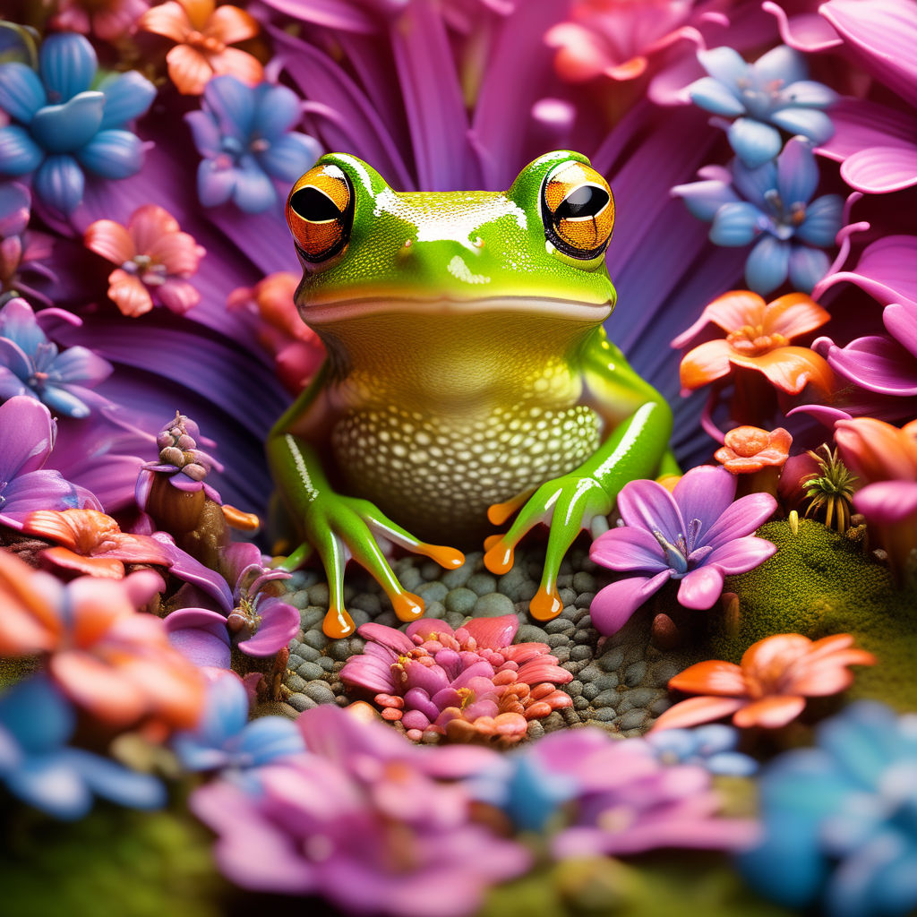 yellow redish green 3d frog near polka dots mashroom - Playground