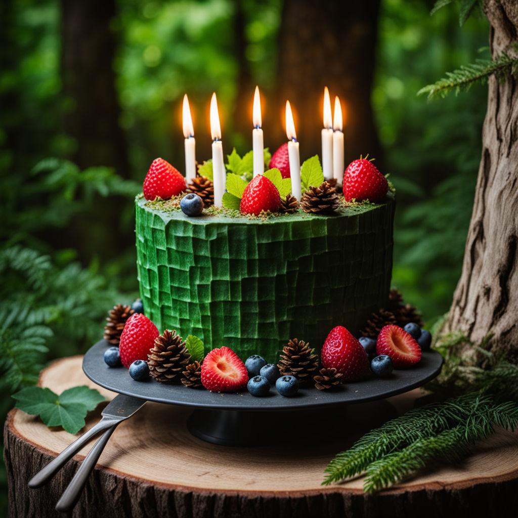 ONE elaborate fantasy cake slice topped with a decorative forest theme