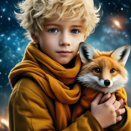 the litle prince of antoine de saint exupery dressing a black suit whit his  red rose and his litle fox background the universe sky - Playground