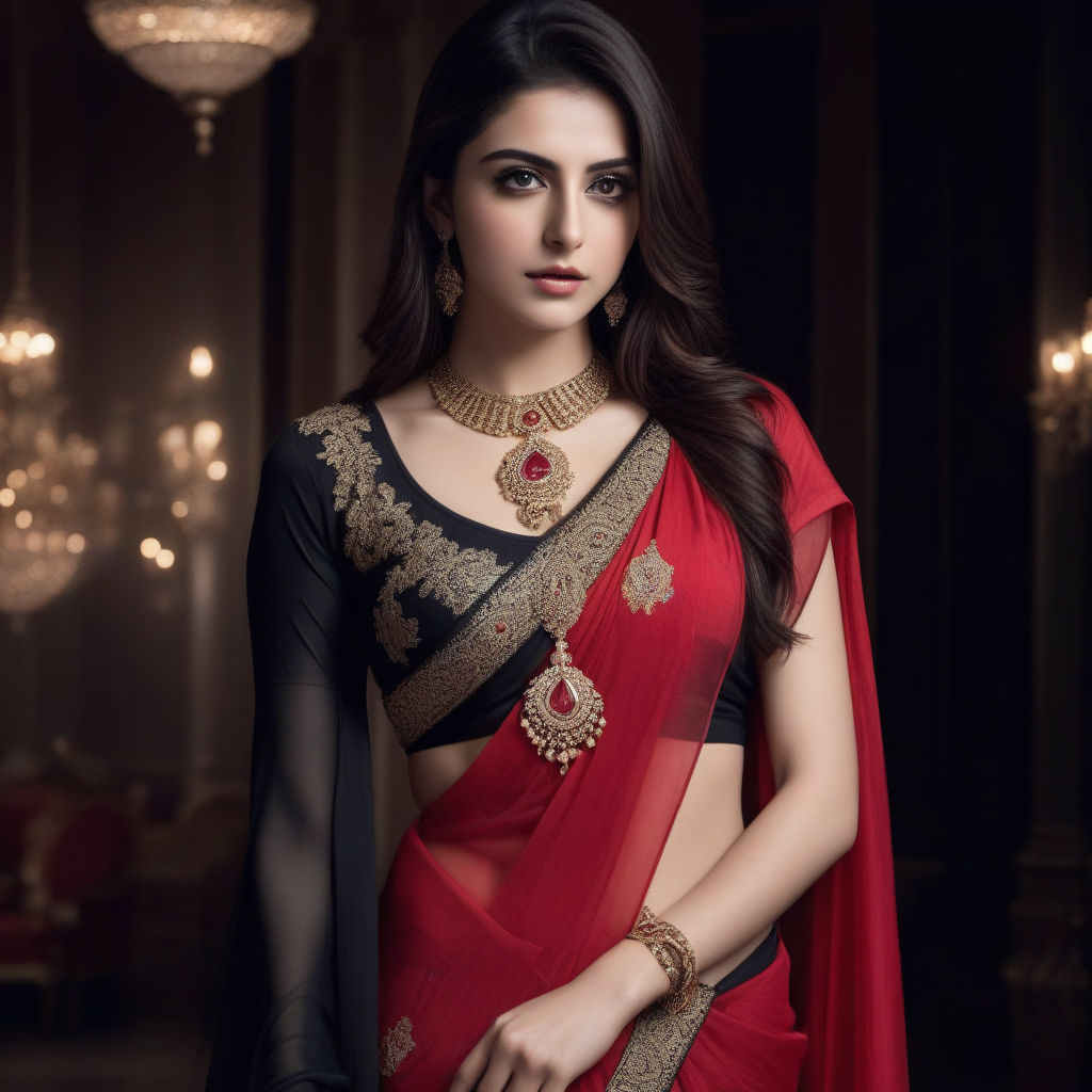 Red Georgette Saree with Black and Golden Border