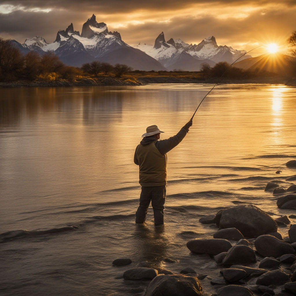a dad fishing with son in a river with a sunset background back view) -  Playground